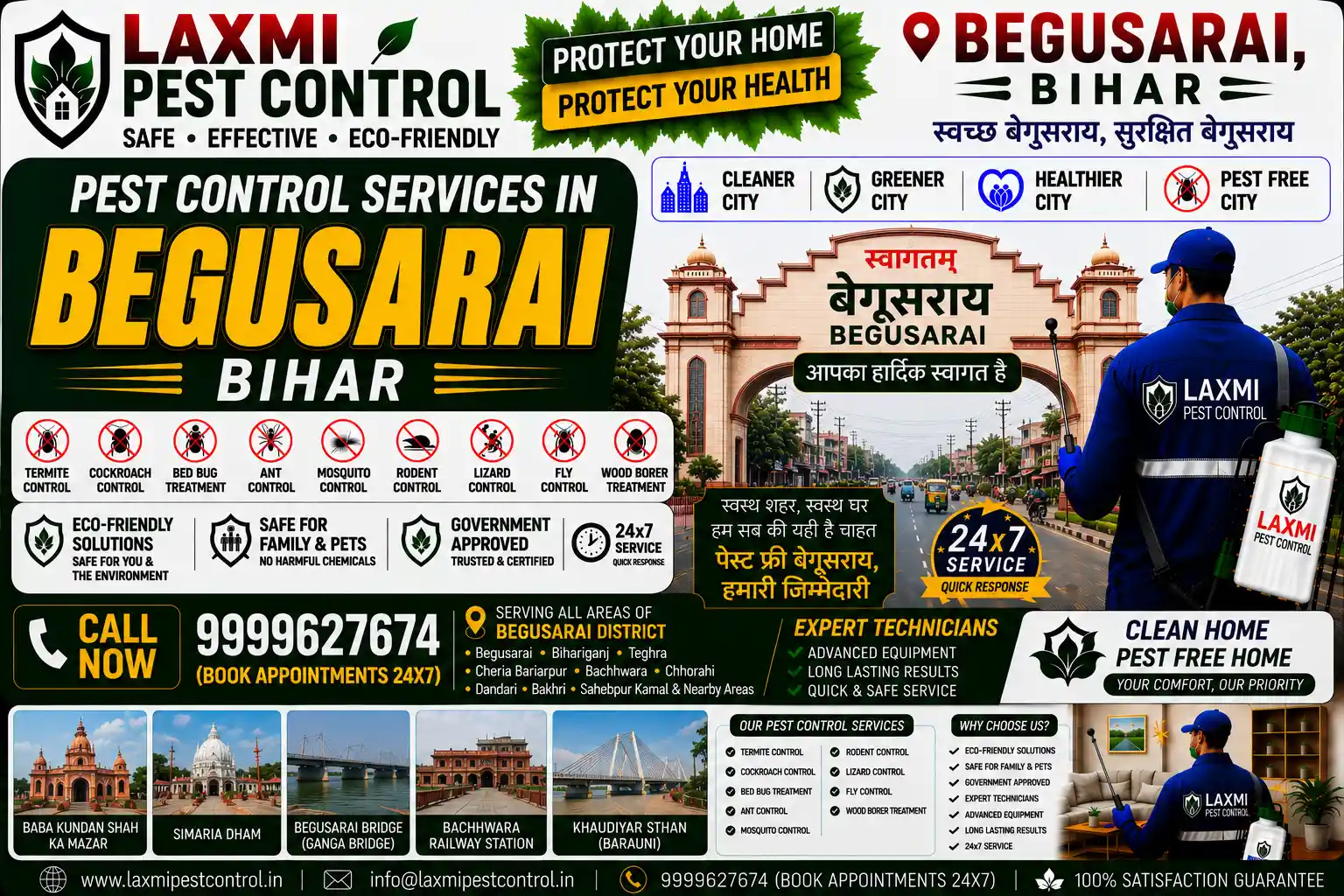 Looking for top-rated pest control in Begusarai, Bihar? Laxmi Pest Control offers anti-termite treatment, cockroach gel, bed bug steam treatment, and rodent control across Begusarai Town, Barauni, Teghra, Bakhri, and Ballia. Call 9999627674 for safe and affordable extermination!