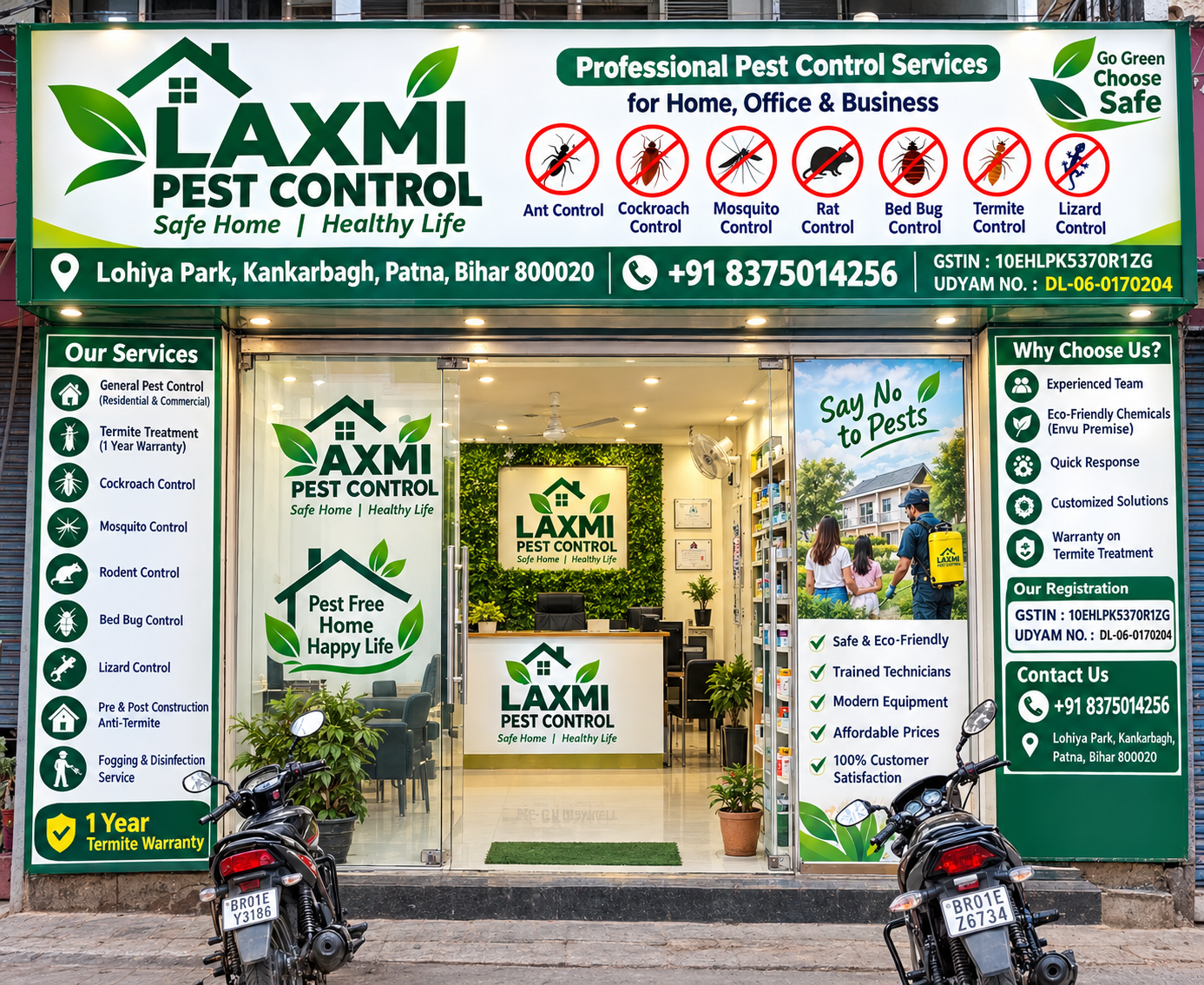 Looking for professional pest control in Patna, Bihar? Laxmi Pest Control offers certified anti-termite, cockroach herbal gel, bed bug thermal, and rodent treatment across Boring Road, Kankarbagh, Danapur, and Bailey Road. Call 9999627674 for safe, affordable extermination!