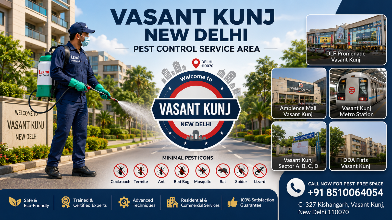 Laxmi Pest Control – Trusted Pest Control Services in Vasant Kunj, New Delhi

Laxmi Pest Control is a trusted name in professional pest management in Vasant Kunj, New Delhi. Whether it's your home, office, shop, or warehouse – we provide eco-friendly and affordable pest control solutions to keep your surroundings safe and hygienic. With years of experience and a team of trained technicians, we ensure complete elimination of pests like termites, cockroaches, mosquitoes, ants, and more.

📞 Call Now: 8510064054

🌐 Website: www.laxmipestcontrol.in
Pest Control in Vasant Kunj

Termite Treatment in Vasant Kunj

Cockroach Control in Vasant Kunj

Mosquito Fogging in Vasant Kunj

Bed Bug Removal in Vasant Kunj

Pest Control near Vasant Vihar

Pest Control near Mahipalpur

South Delhi Pest Control Services